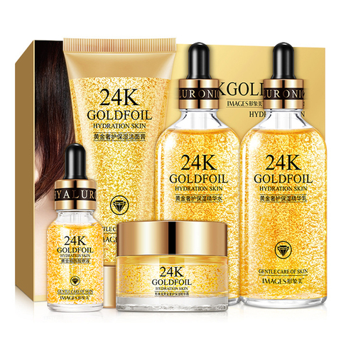 24K Gold Skin Care Set 5 PCS With Box Face Toner Essence Cream Nicotinamide Anti-Aging Serum Facial Cleanser Kit For Womens M ► Photo 1/6