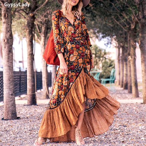 GypsyLady Floral Vintage Maxi Dress Autumn Long Sleeve Women Dresses Long Sleeve Ethnic Ruffles Ladies Girls Holiday Chic Dress ► Photo 1/6