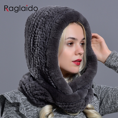 Rabbit fur hood Volume hats for women winter warm novelty knitted fur scarf hat stylish fashionable genuine large female fur hat ► Photo 1/6