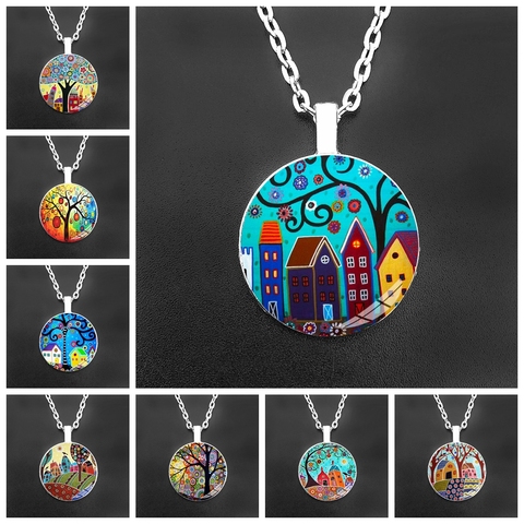 Abstract Oil Painting House and Tree Women Chain Necklace Starry Night Glass Cabochon Pendant Necklace for Women ► Photo 1/6