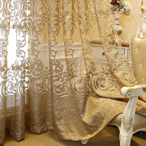 European Luxury Dark Golden Embroidered Tulle Curtains Jacquard Sheer Panel For Living Room Bedroom Royal Home Decor ZH431#4 ► Photo 1/6