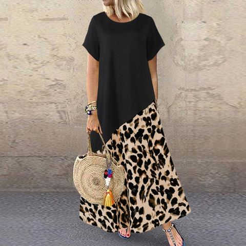 ZANZEA 2022 Summer Leopard Maxi Dress Fashion Women's Printed Sundress Short Sleeve Patchwork Vestidos Plus Size Casual Robe 5XL ► Photo 1/6