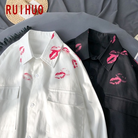 RUIHUO Kiss Print Mens Shirt With Print Vintage White Shirt Men Shirts For Men Clothing Harajuku Blouse M-5XL 2022 Autumn New ► Photo 1/6