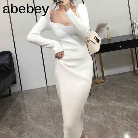 2022 Dresses For Women Sexy Strapless Ribbed Knitted Bodycon Dress Women Winter Long Sleeve Midi Sweater Dress Clothes ► Photo 1/6
