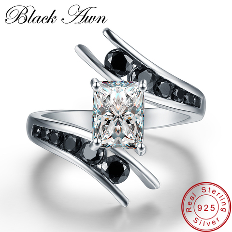 [BLACK AWN] Fine Jewelry 3.9 Gram 100% Genuine 925 Sterling Silver Row Black Stone Engagement Rings for Women Bague C299 ► Photo 1/6