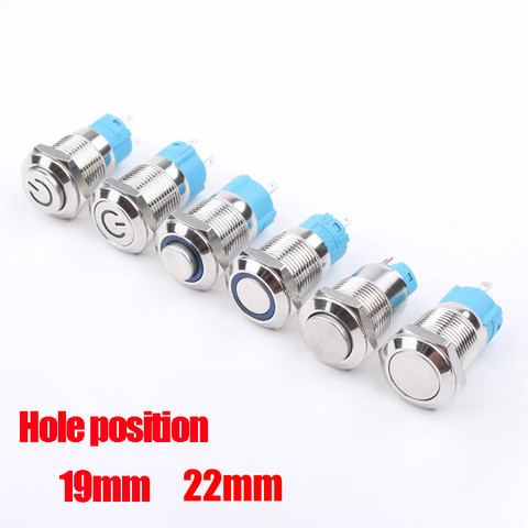 19/22mm 6V 12V 110V220V/LED instantaneous self-reset and self-locking waterproof metal button switch with power symbol ring mark ► Photo 1/6