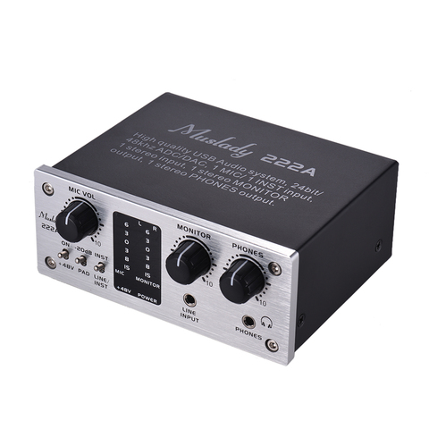 Muslady 222A 2-Channel USB Audio System Audio Mixers Interface External Sound Card 48V phantom DC 5V Power Supply Sound Mixers ► Photo 1/6