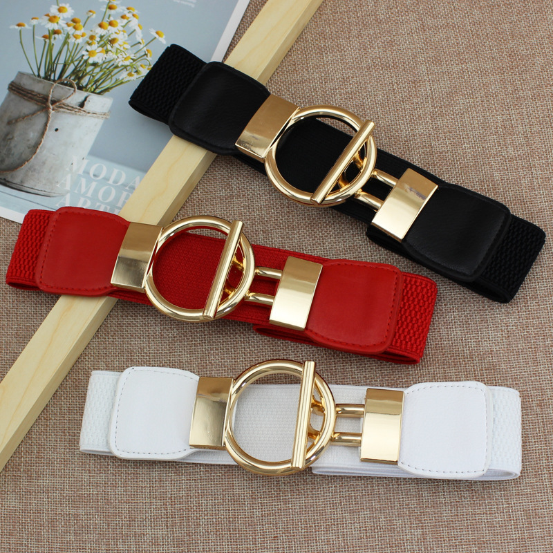 Women Gold Stretchable Metal Belt Round Pin Buckle Ladies Adjustable Waistband