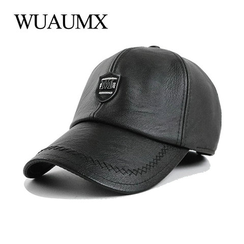 Wuaumx PU Leather Baseball cap For Men Autumn Winter Ear flaps Hat Earmuffs Cap Dad Hat & Caps Faux Leather Snapback Hat Male ► Photo 1/6