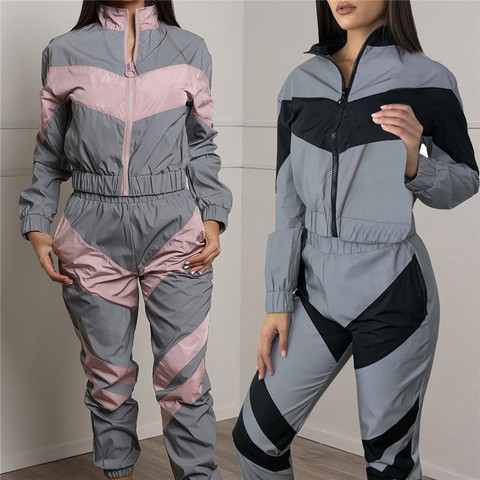 reflective two piece set women tracksuit autumn clothes zipper jacket crop top and pants sets casual sweat suits chandal mujer ► Photo 1/6
