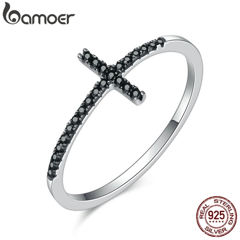 BAMOER Popular 925 Sterling Silver Faith Cross Shape Finger Rings for Women ,Black Clear CZ Sterling Silver Jewelry Gift SCR067 ► Photo 1/5