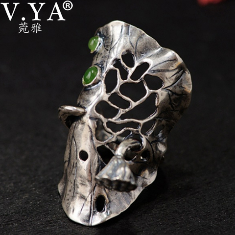 V.YA 990 Sterling Silver Ring for Women Men Vintage Lotus Leaf with Green Natural Stone Party Rings Jewelry ► Photo 1/6