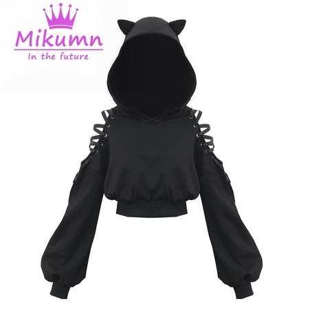 Harajuku Sweatshirt Women Punk Gothic Black Short Hoodie Spring Summer Long Sleeve Lace up Cute Cat Ear Hoodies Femme Pullover ► Photo 1/6