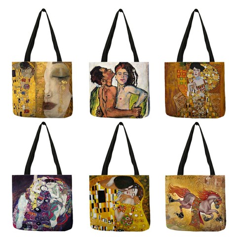 Customized Oil Painting Tears Linen Cloth Tote Bags For Women Gustav Klimt  Ladise Fashion Handbag Large Capacity Shopping Totes ► Photo 1/6