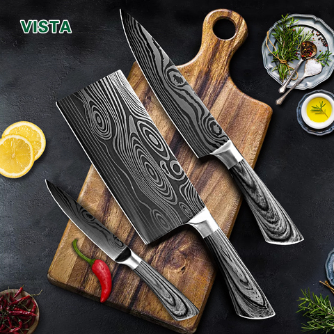 Kitchen Knives Stainless Steel 7CR17 440C Laser Damascus Japanese Santoku  Cleaver Slicing Utility Chef Knife Set