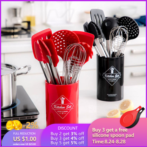 Stainless Steel+Silicone Cooking Utensil Kitchen Tools Turner Soup Spoon Strainer Pasta Server Egg Beater Spatula Food Tongs Red ► Photo 1/6