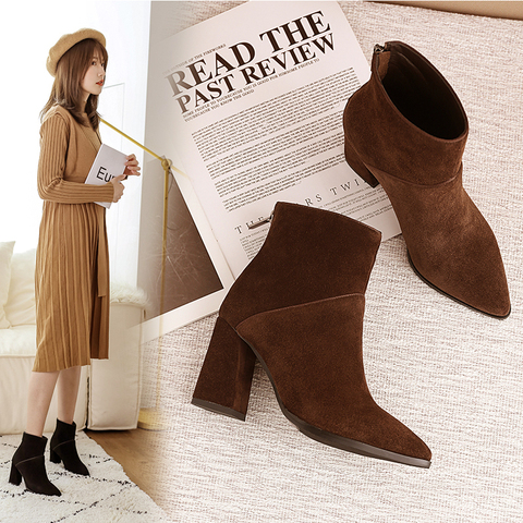 women Ankle boots Genuine Leather plus size 22-26.5 cm feet length ankle boots pointed toe side zipper winter shoes women ► Photo 1/6