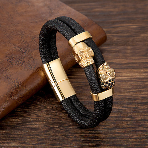 Men Gold Skull Punk Bracelet Stainless Steel Magnetic Clasp Fashion Luxury Jewelry Leather Rope Charm Accessories Gift Boyfriend ► Photo 1/6