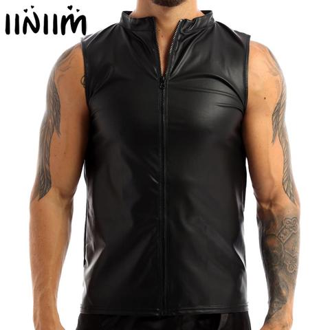 Mens Fashion Club Tops Costumes for Evening Parties Faux Leather Front Zippered Undershirt Tank Top Vest Moto Punk Clubwear ► Photo 1/6