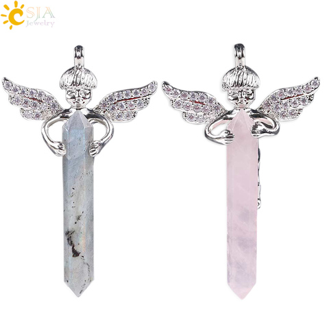 CSJA Men & Women Love Gift Natural Crystal Gem Stone Long Sword Hexagonal Prism Cupid Angel Wings Pendants for Necklaces E818 ► Photo 1/6