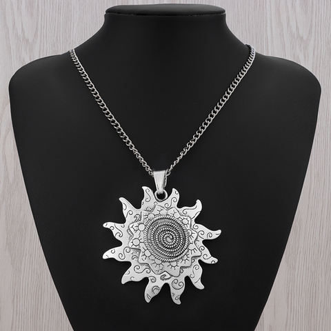 1 x Tibetan Silver Boho Statement Large Spiral Sun Flower Pendant on Long Chain Necklace Jewelry Lagenlook 34