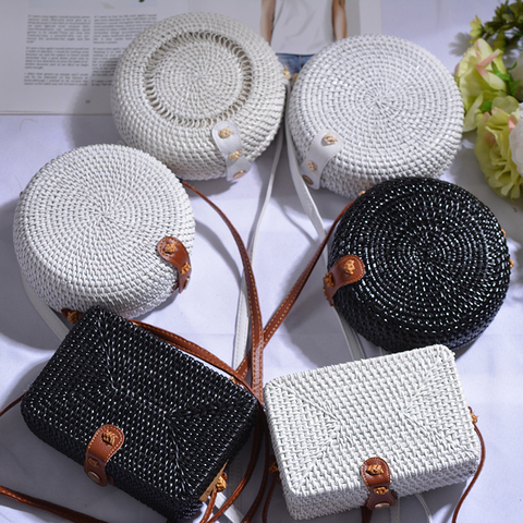 2022 Black White Round Straw Bags Women Summer Rattan Bag Handmade Woven Beach Cross Body Bag Circle Bohemia Handbag Bali Box ► Photo 1/6