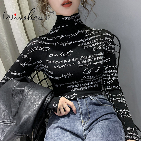 Vintage Print Tops Letter Doodle T-shirt Spring Women Highneck Long Sleeve Slim Stretchy Tee Casual Clothes футболка T01407B ► Photo 1/5
