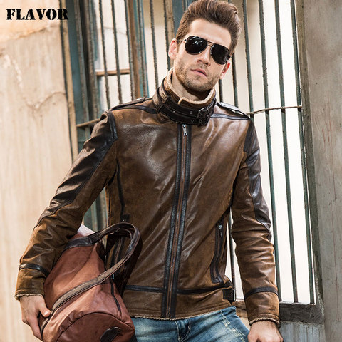 2016 Men's real leather jacket pigskin vintage Genuine Leather jacket men double face fur leather coat motorcycle jacket ► Photo 1/6