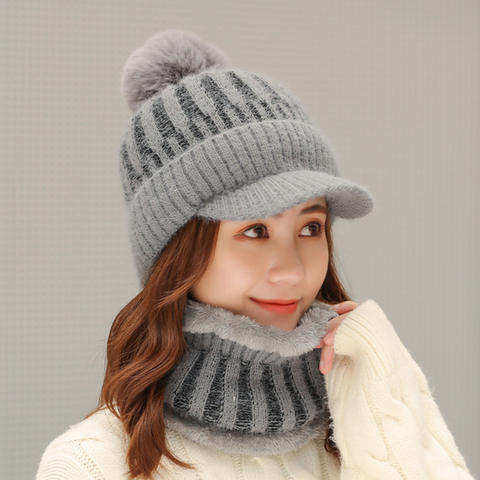 Brand New Winter Visor Hats Women Mixed color knit Beanie Skullies Hat Female Thick Velvet Hair Ball Warm Bonnet Caps Bib Set ► Photo 1/6