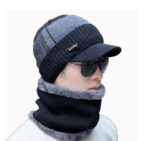 Men Winter Hat And Scarf Set For Women Male Ring Scarves Cap With Brim Knitted Visor Beanies Balaclava Adult Warm 2 Pcs Set ► Photo 1/6