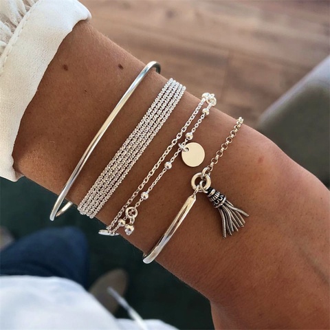 4 Pcs/Set Bohemian Silver Color Tassel Round Bracelet Set for Women Multilayer Pendant Bracelet 2022 Fashion Jewelry ► Photo 1/6