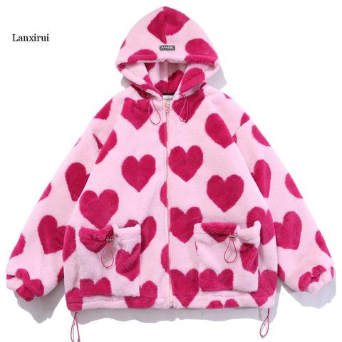 Cute Heart-shaped Print Lambswool Winter Jacket Men Drawstring Pockets Zipper Hooded High Street Warm Couple Streetwear ► Photo 1/6