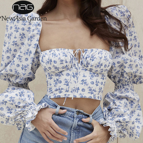 NewAsia Floral Top Women White Sweet Square Neck Long Puff Sleeve Ruched Drawstring Crop Top Autumn Woman Party Blouse 2022 New ► Photo 1/6