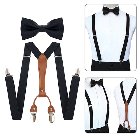 Adjustable Elasticated Y Shape Men Suspenders Bowtie  Set Black Elastic Clip-on Braces Belt with Leather  Suit  Business Wedding ► Photo 1/6