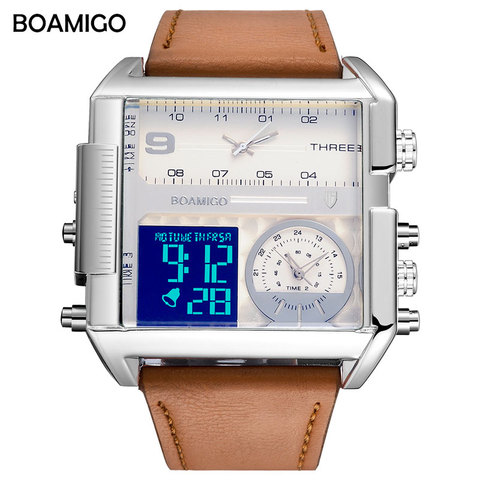 BOAMIGO Brand Men Watch 3 Time Zone Large Man Fashion Military LED Watch Leather Quartz Watches orologio uomo relogio masculino ► Photo 1/6