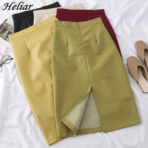 HELIAR Skirts Women PU Leather High Waist Solid Straight Elegant Split Skirt Highstreet Midi PU Skirts Women 2022 Autumn Winter ► Photo 1/6