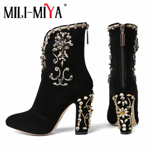 MILI-MIYA Fashion Women Kid Suede Ankle Boots Zipper Round Toe Crystal Square Heels Spring/Autumn Party Shoes Plus Size 34-43 ► Photo 1/6