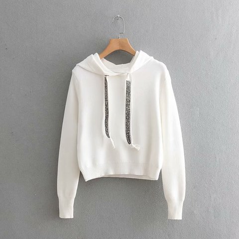 Women faux diamonds beading hooded knitted sweater long sleeve stretchy solid pullovers female casual chic tops ► Photo 1/6