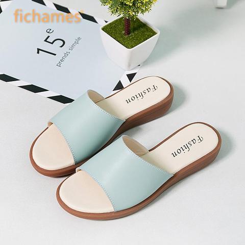 Summer Fashion Flats Non-slip Comfortable Genuine Leather Slippers Women Indoor Shoes Solid Color Women Beach Slippers ► Photo 1/6