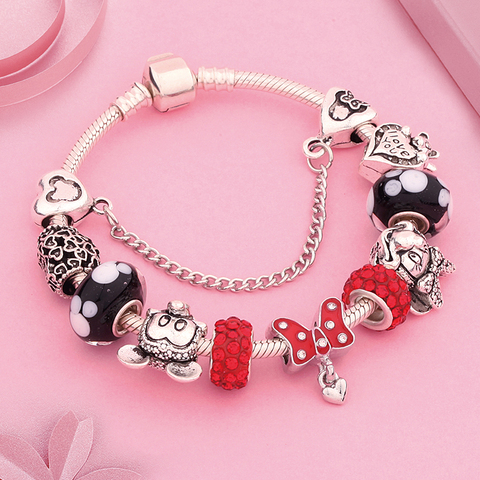 Leabyl New Design Red Crystal Minnie Bowknot Charm Bracelets & Bangles Cartoon Animal Bead Bracelet DIY Jewelry for Child ► Photo 1/5