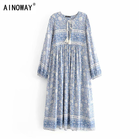 Vintage chic women  long sleeve lace-up floral porcelain print beach Bohemian midi dress Ladies tassel rayon Boho happie dress ► Photo 1/6