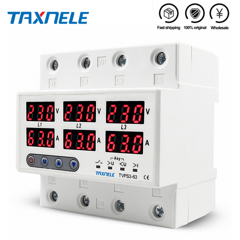 3 Phase Din rail Voltmeter Ammeter adjustable Over and Under Voltage current limit protection Monitor Relays Protector ► Photo 1/6