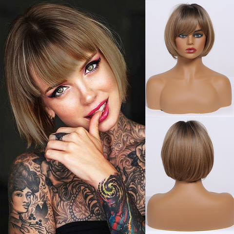 Short Straight Ombre Brown Blonde Synthetic Wigs With Bangs for Women bobo Hairstyle Cosplay Heat Resistant Natural Hair Wigs ► Photo 1/6