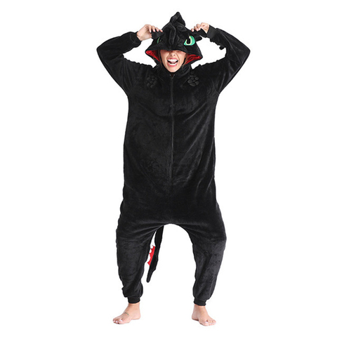 Toothless Dragon Black Onesie Kids Adult Unisex Flannel Pajama Anime Train Your Night Fury Sleepwear Home Wear E46762AC ► Photo 1/6