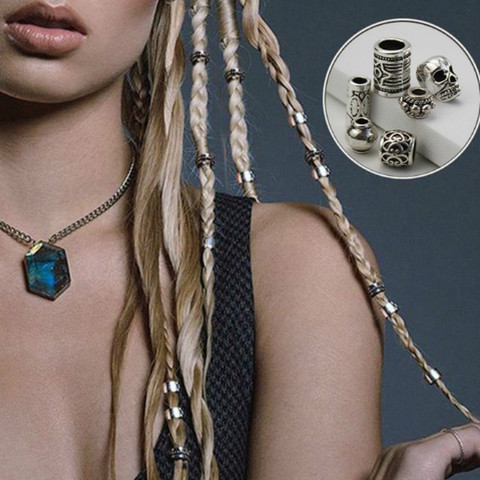 5 Pcs Retro Silver Metal Hair Braid Dread Dreadlock Beard Beads Rings Tube Appro 6mm Inner Hole Jewelry 40 Style ► Photo 1/6