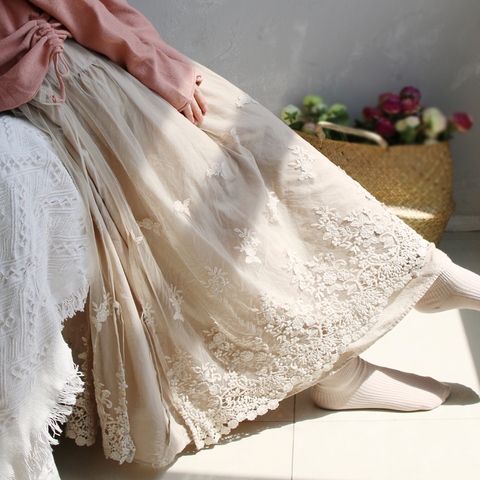 Eugen Yarn Skirt French Long Skirt Ankle Retro Double Mesh Yarn Loose Embroidery A-Line skirt ► Photo 1/5