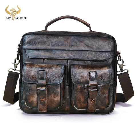 Le'aokuu Men Natural Leather Retro Coffee Briefcase Business Maletin 13