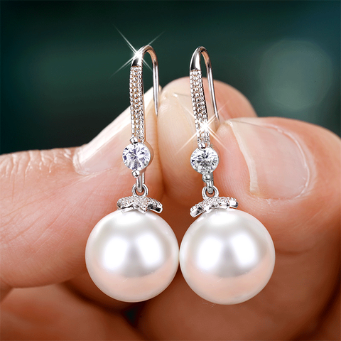 Huitan Elegant Round Imitation Pearl Dangle Earrings Dazzling CZ Women Engagement Wedding Graceful Accessories Fashion Earrings ► Photo 1/5