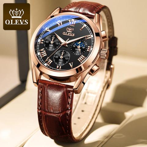 OLEVS  2022 New Fashion Mens Watches with Brown Leather Top Brand Luxury Sports Chronograph Quartz Watch Men Relogio Masculino ► Photo 1/6