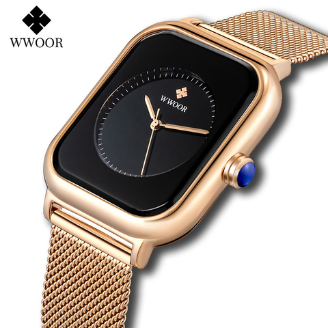 WWOOR 2022 New Design Women Watches Top Brand Luxury Rose Gold Rectangle Watch For Women Black Dial Exquisite Quartz Wrist Watch ► Photo 1/6